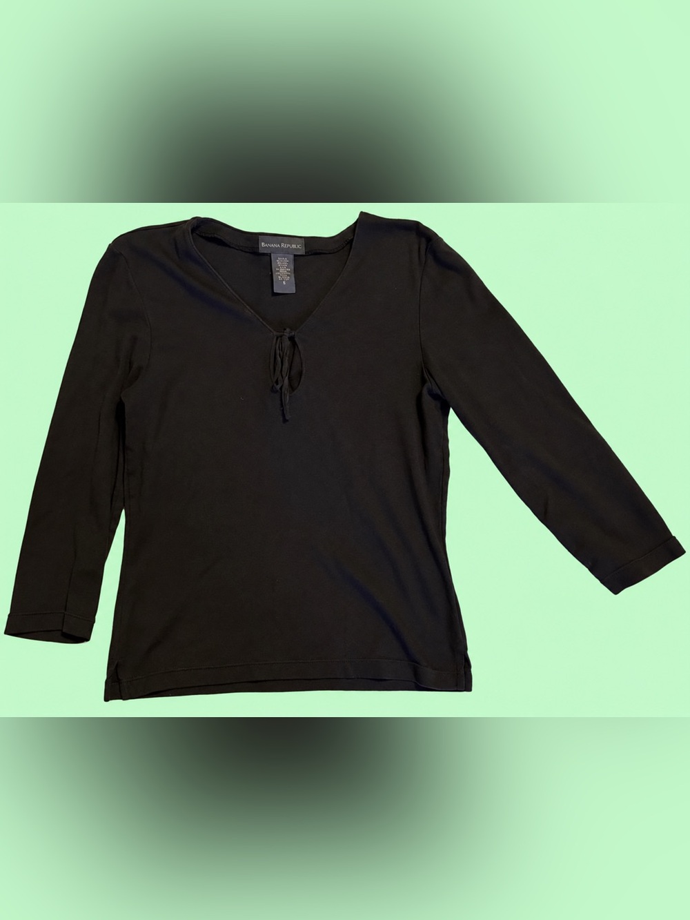 LADIES Banana Republic Vintage Distressed Black Cotton Tie 3/4 Sleeve Top - S